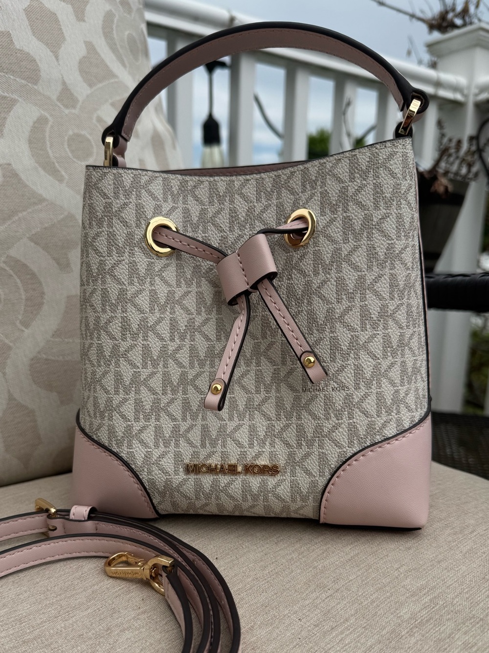 Michael Kors Blush Pink Signature Small Drawstring Bucket Crossbody